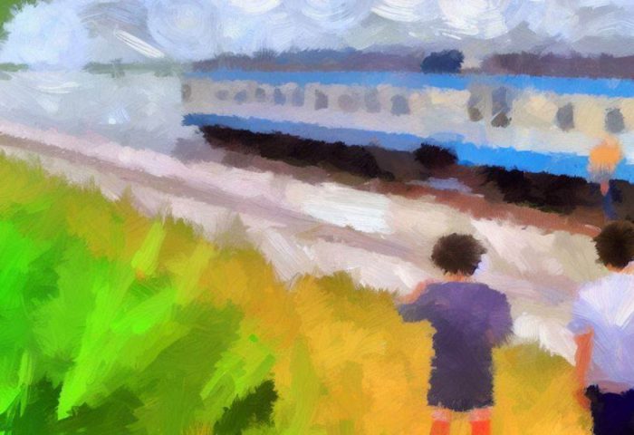 Dos niños observan un tren que pasa. Para usar en "Veranos", un poema de Manuel Adrián López.