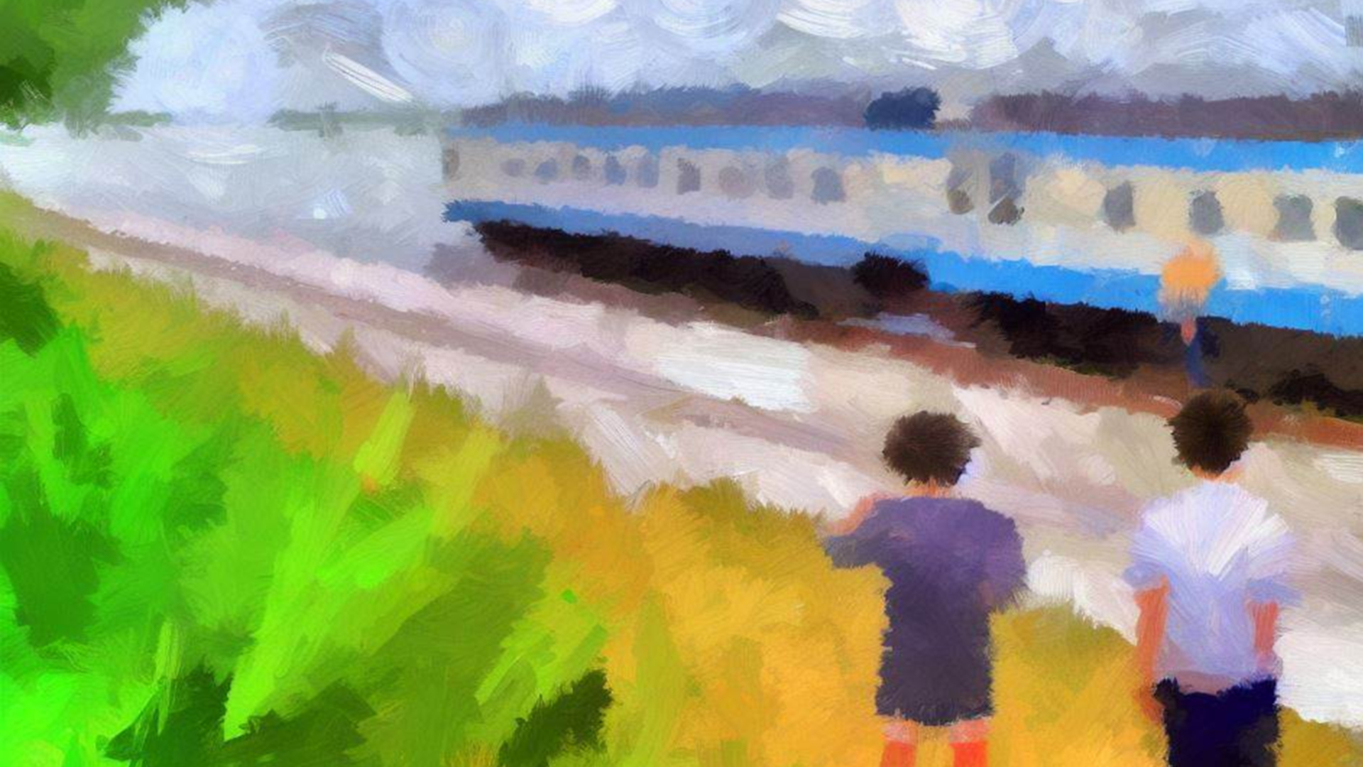 Dos niños observan un tren que pasa. Para usar en "Veranos", un poema de Manuel Adrián López.